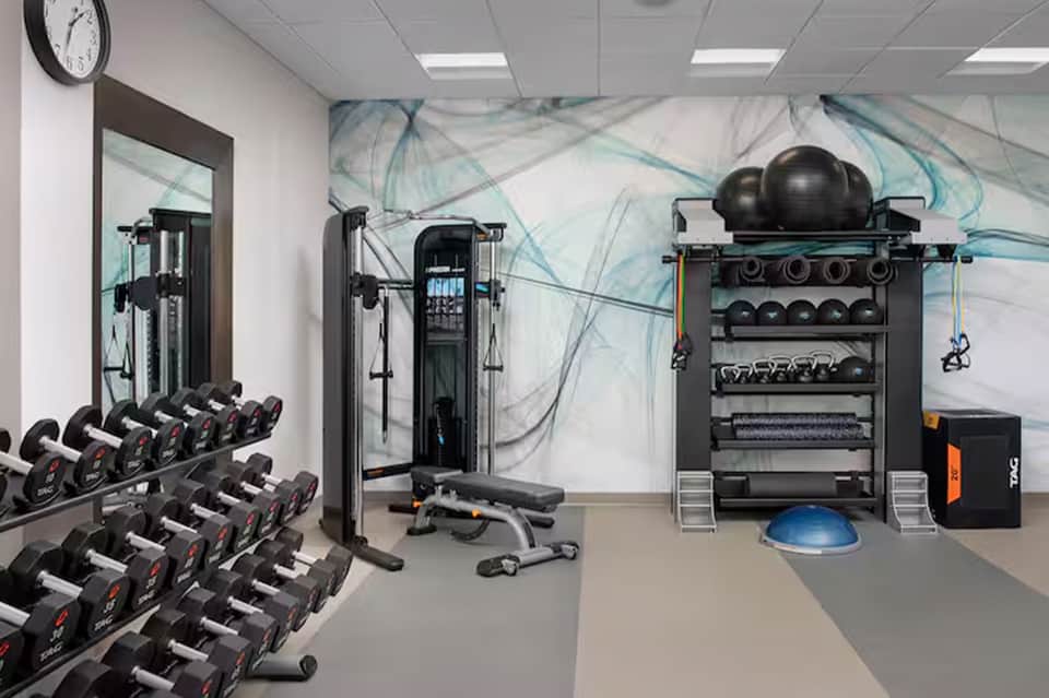Modern fitness center with dumbbells, cable machines, exercise balls, and treadmills