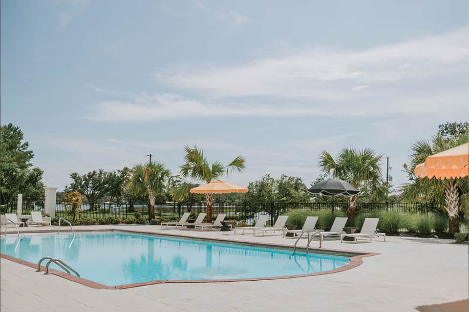 Resort swimming pool with palm trees, lounge chairs, umbrellas, and clear blue sky