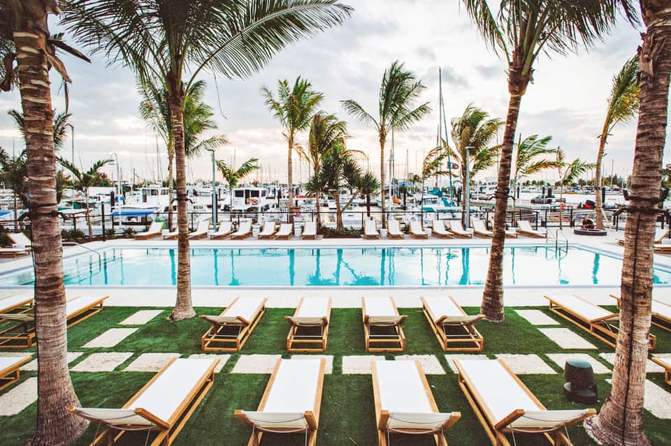 Marina pool surrounded by palm trees with sailboats docked in background