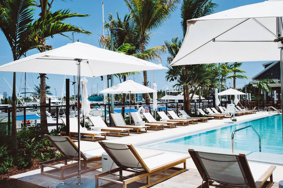 Luxury resort pool area with white umbrellas, lounge chairs, palm trees, and marina view in background