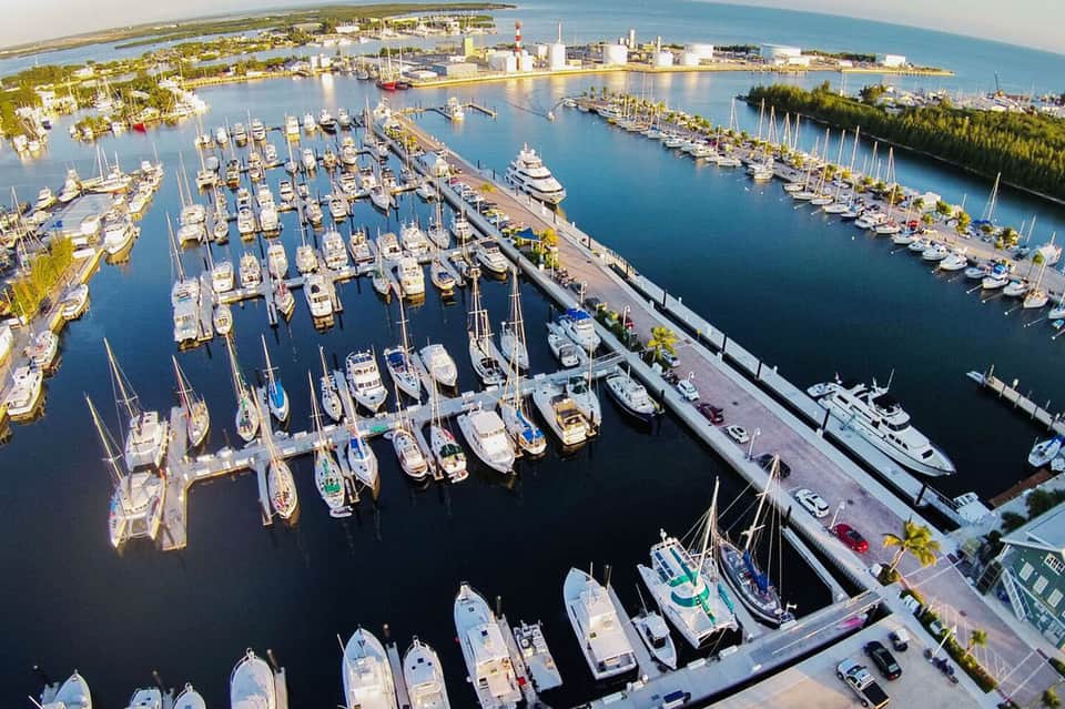 Aerial view of bustling marina with hundreds of white boats docked in organized rows along waterfront piers