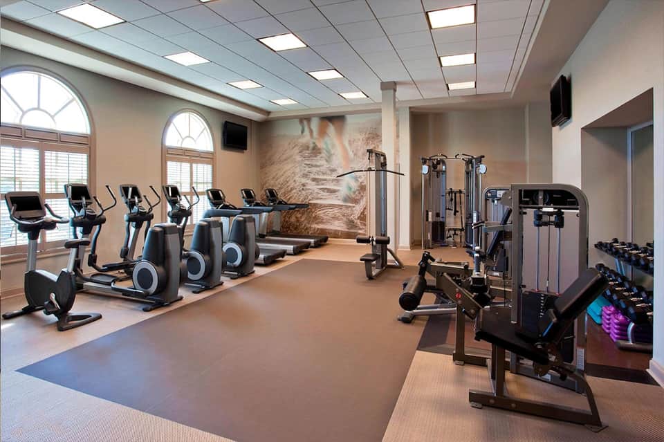 Modern fitness center with exercise bikes, weight machines, and large windows with natural light