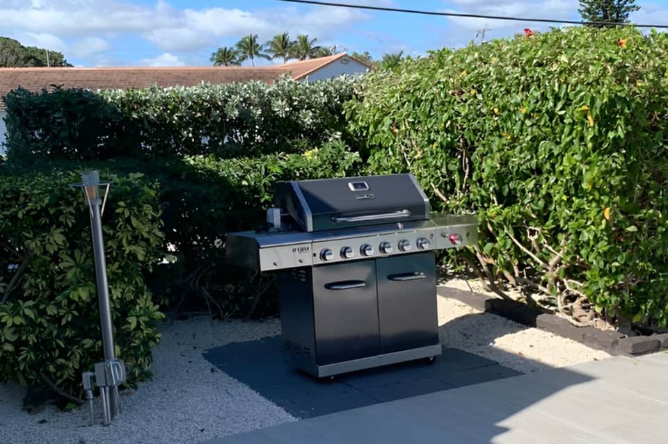 Six-burner stainless steel gas grill in a backyard surrounded by lush green climbing vines