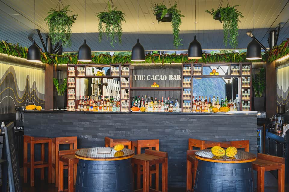 Modern cacao bar with black pendant lights, wooden barrel seating, hanging plants, and shelves of spirits and books