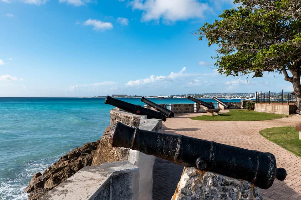 Historic cannons on a coastal fortification overlooking turquoise ocean waters and distant shoreline