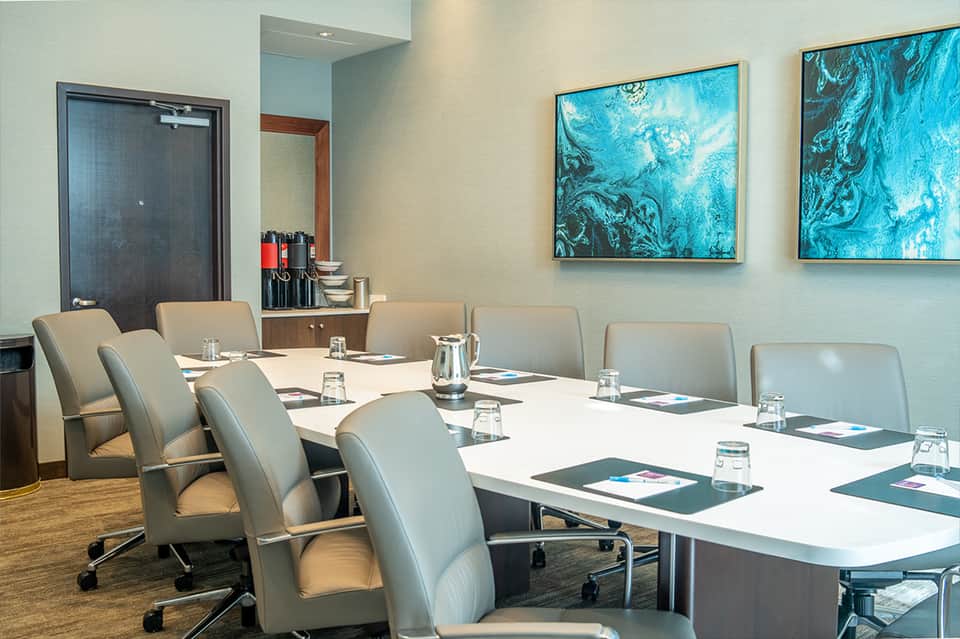 Professional conference room with white table, gray leather chairs, and turquoise abstract artwork on walls
