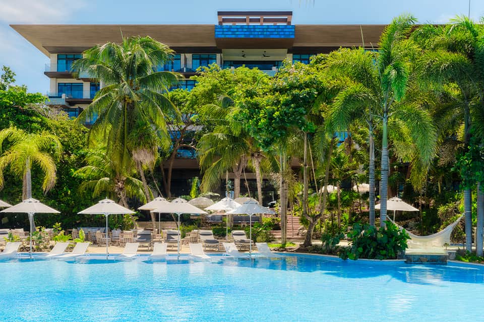 Resort pool surrounded by palm trees with white umbrellas and modern building architecture