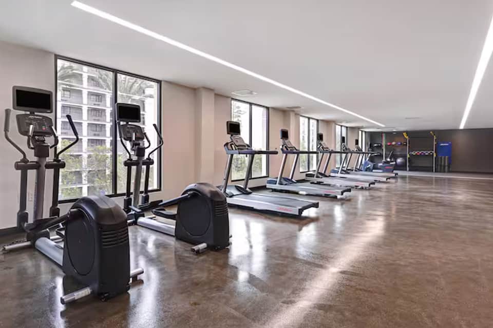 Modern fitness center with cardio equipment, treadmills, ellipticals, and large windows with city views