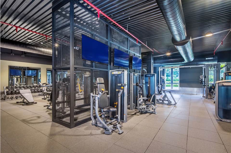 Modern fitness center with cardio equipment and weight machines on spacious floor