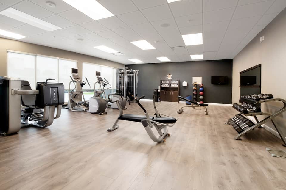 Well-equipped gym with cardio machines, weight equipment, and mirrors