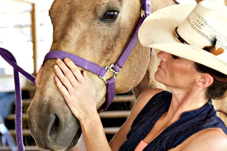 Woman in cowboy hat holding purple halter of brown horse at ranch