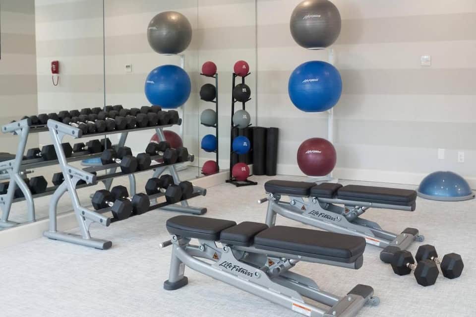 Modern fitness center with free weights, dumbbells, exercise balls, and workout benches