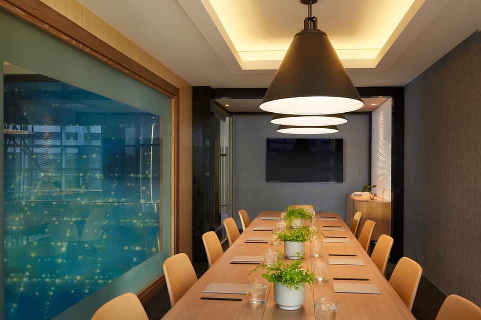 Modern conference room with long wooden table, comfortable chairs, and floor-to-ceiling window view