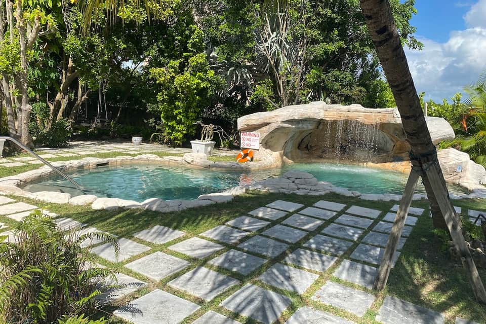 Tropical hot spring pool surrounded by lush vegetation, natural stone features, and shaded pathways