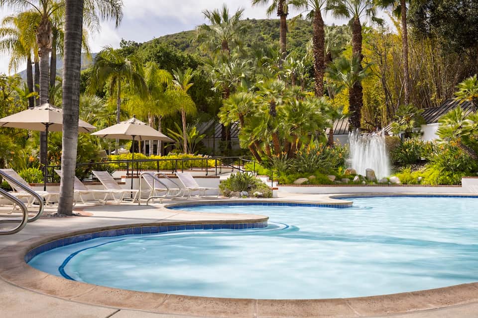 Resort pool area with palm trees, lounge chairs, umbrellas, and waterfall feature