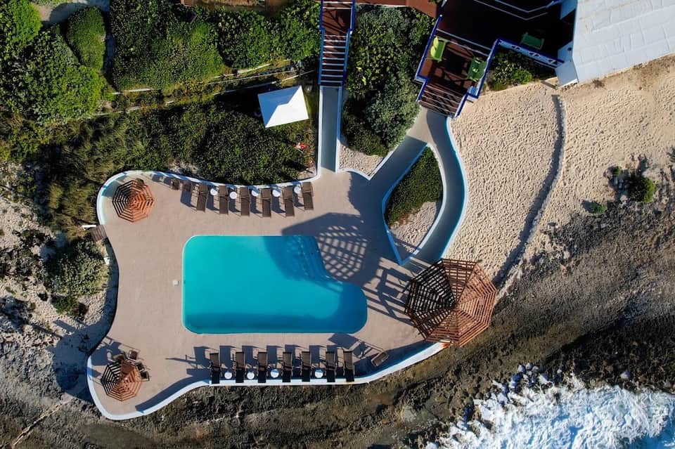 Aerial view of curved pool with lounge chairs and coastal landscaping
