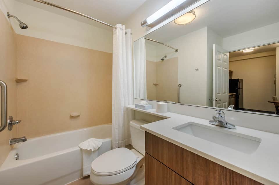 Modern hotel bathroom with vanity sink, large mirror, white bathtub, and shower area