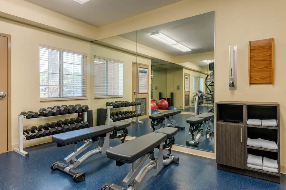 Modern fitness center with dumbbells, weight benches, mirrors, and exercise equipment