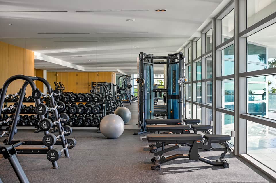 Modern fitness center with dumbbells, exercise machines, and floor-to-ceiling windows