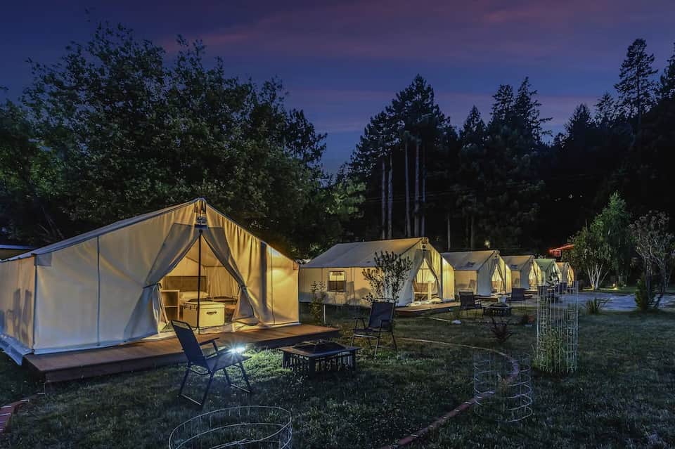 Illuminated glamping tents nestled in forest clearing at twilight with seating areas