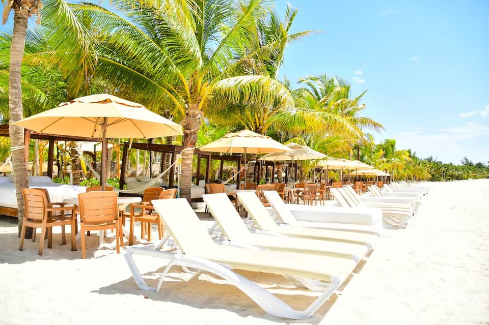 Tropical beach club with white lounge chairs, umbrellas, palm trees, and thatched cabanas
