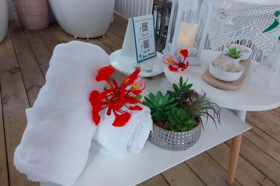 Spa bathroom vanity display with white towels, red flowers, succulents, and aromatherapy products
