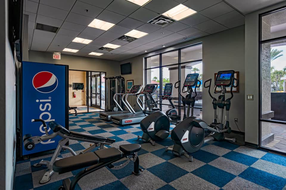 Modern fitness center with cardio equipment, weights, and large windows overlooking palm trees