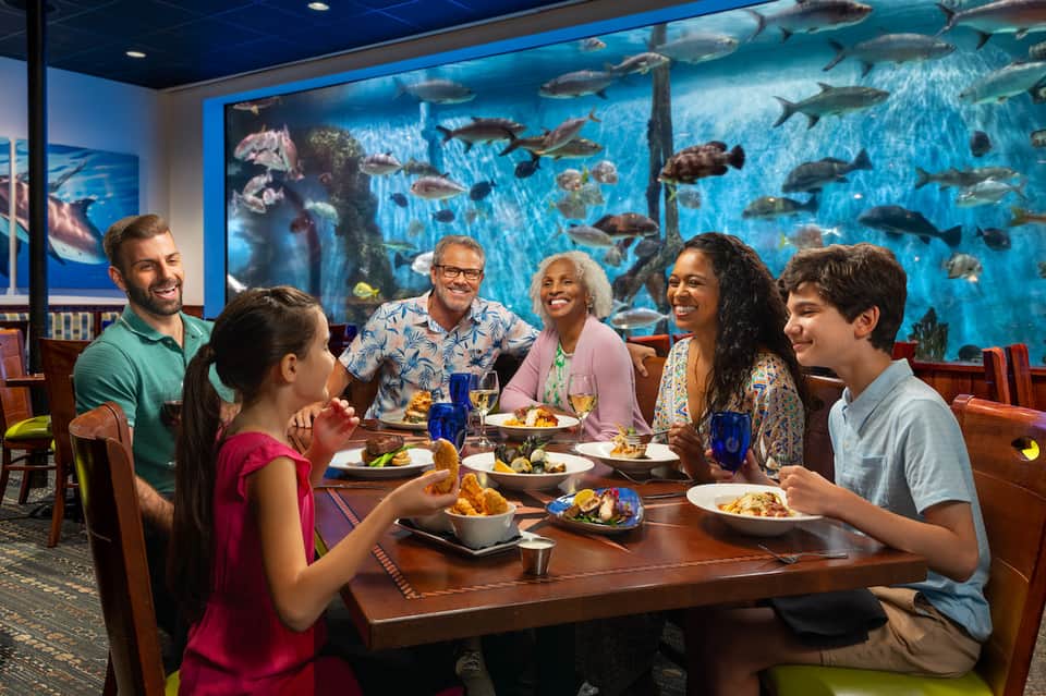Family dining at restaurant with aquarium backdrop featuring tropical fish and underwater scenery