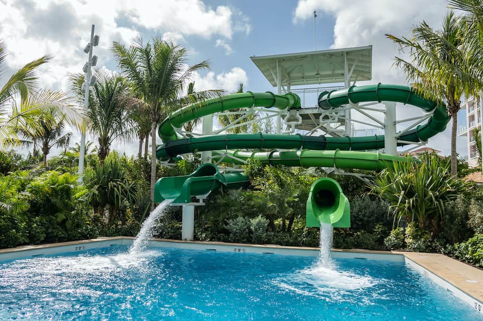 Green water slide twisting above pool with splash, surrounded by palm trees and tropical landscaping