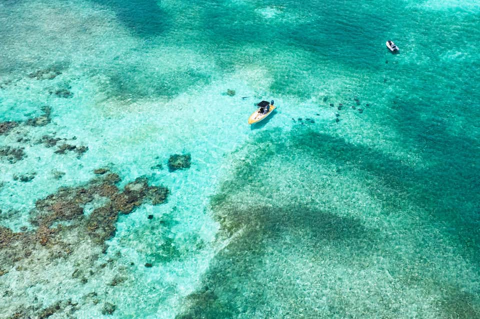 Aerial view of kayakers in crystal-clear turquoise water over coral reef formations