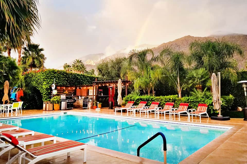 Resort pool surrounded by palm trees with lounge chairs and mountains in background