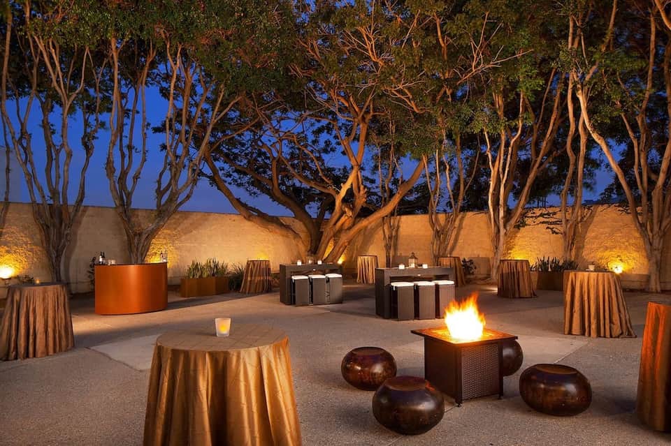 Evening outdoor gathering space with fire pit, tall trees with uplighting, and draped seating areas