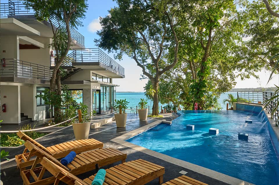 Infinity pool overlooking blue ocean with wooden loungers, palm trees, and modern residential building