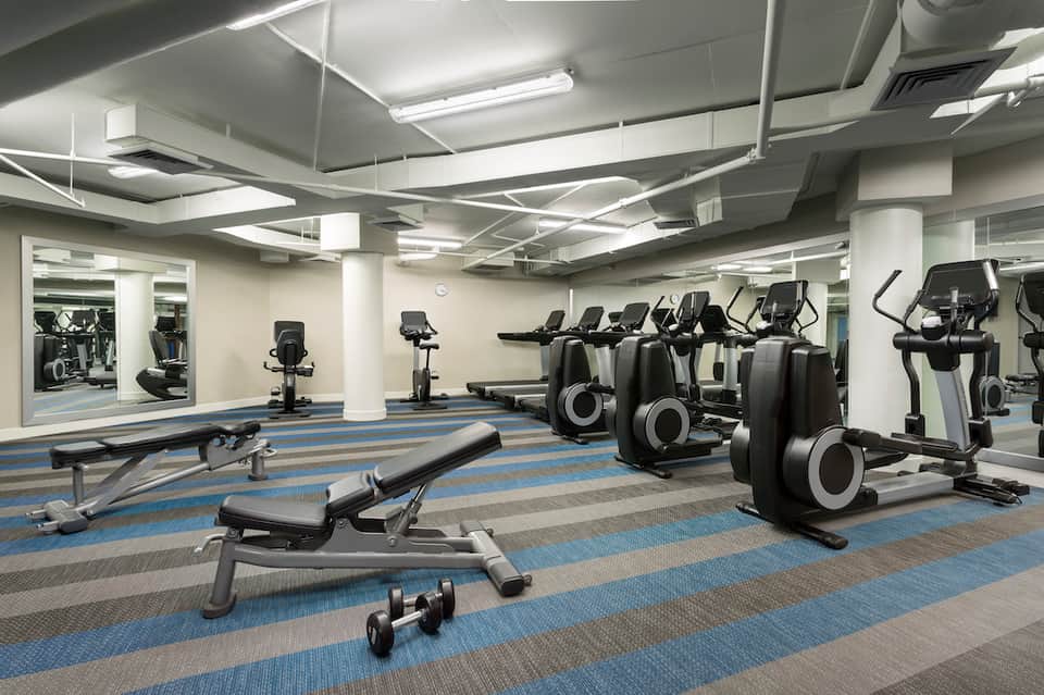 Bright fitness center with blue and tan striped carpet, weight benches, cardio machines, and mirrors