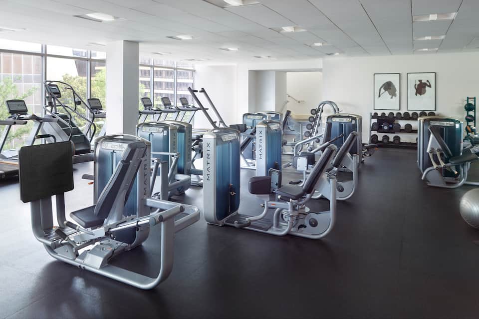 Spacious fitness facility with cardio machines, strength equipment, dumbbells, and large windows