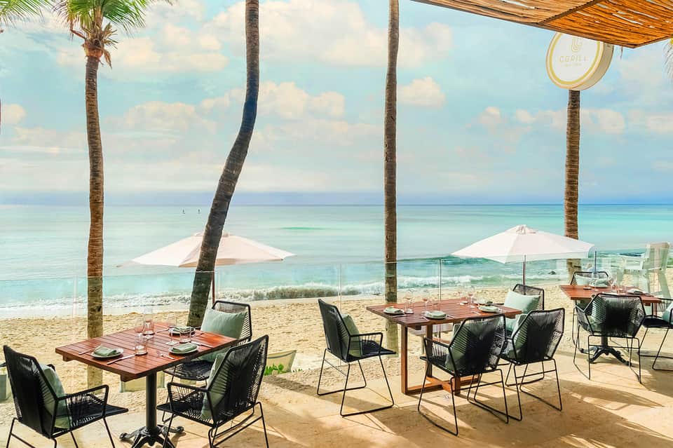 Beachfront dining area with palm trees, white umbrellas, and ocean views