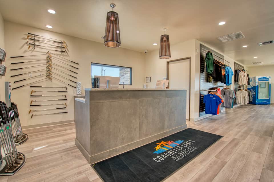 Golf pro shop interior with club displays and retail merchandise