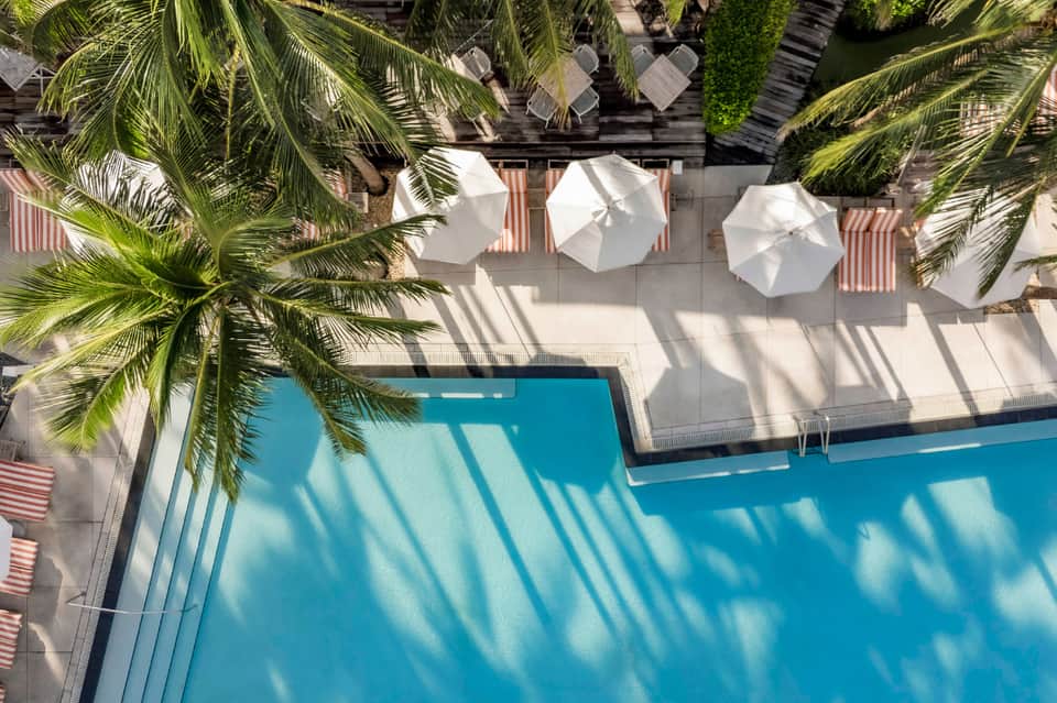 Aerial view of curved pool with palm trees, white umbrellas, and striped loungers on concrete deck