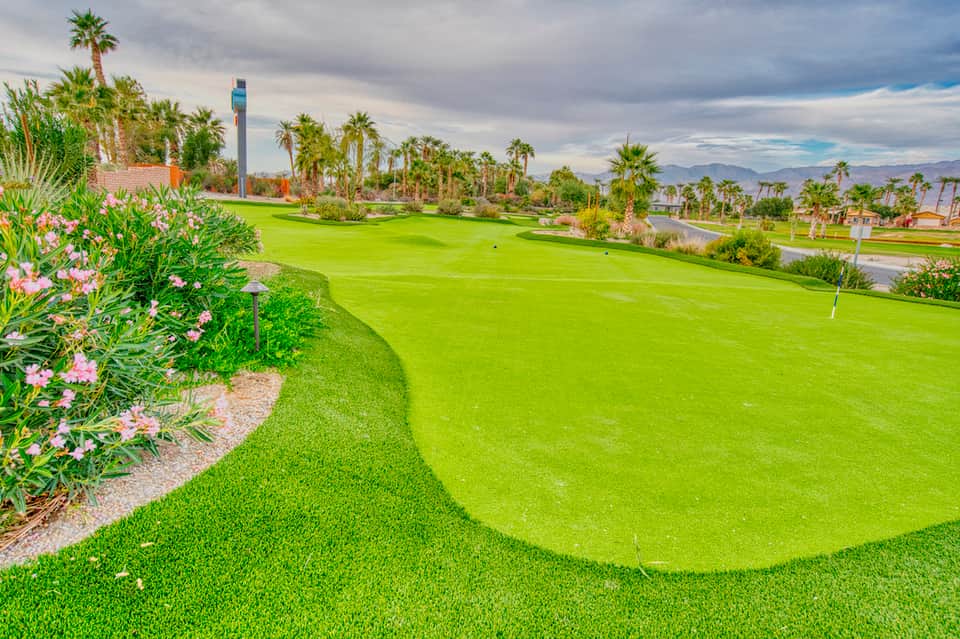Scenic golf course with manicured green grass, pink flowers, palm trees, and mountains in distance