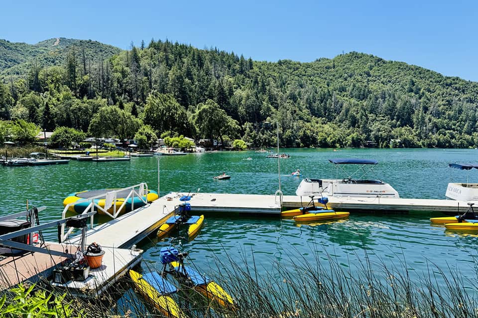 Marina dock with yellow and white boats moored in turquoise lake surrounded by forested hillside