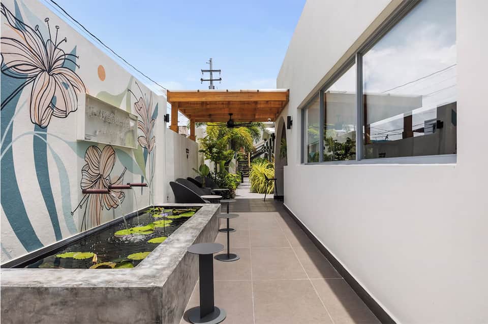 Contemporary hallway with large flower mural artwork, koi pond, wooden pergola, and modern architecture