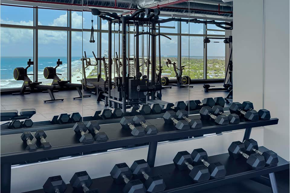 High-rise gym with floor-to-ceiling windows overlooking coastline, dumbbells, and exercise machines