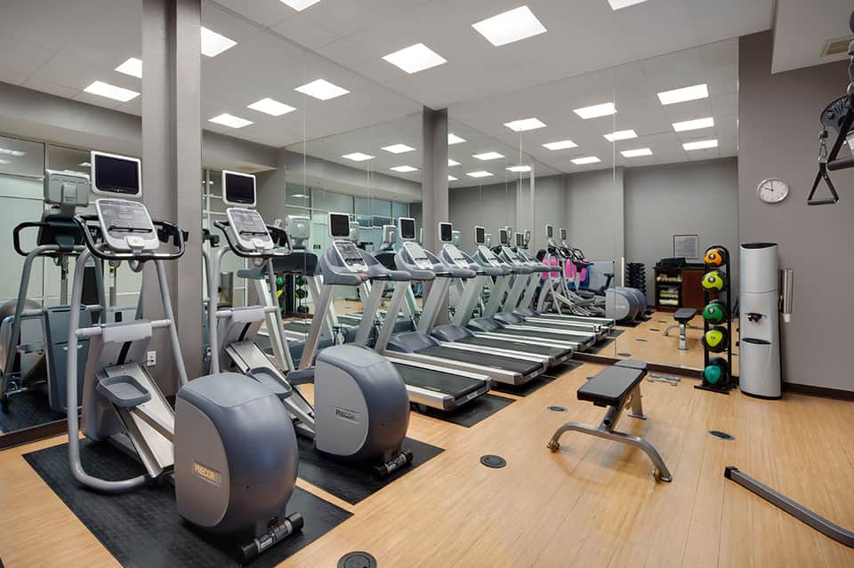 Gym with rows of cardio equipment including treadmills and stationary bikes with mirrored walls