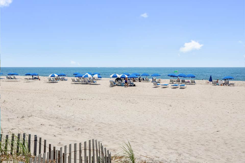 Sandy beach with rows of blue and white umbrellas, beachgoers, and calm ocean water