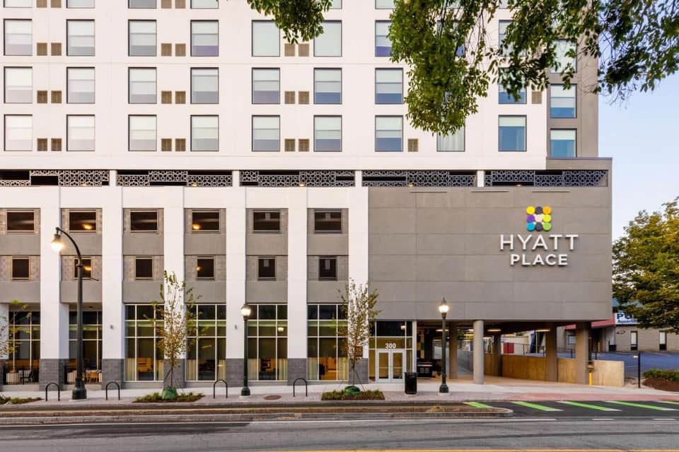 Modern Hyatt Place hotel exterior with contemporary facade and ground-level entrance