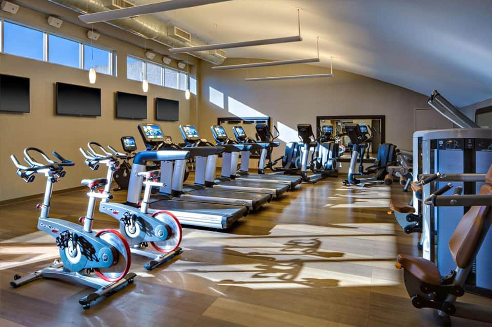 Bright fitness center with cardio equipment and large windows overlooking greenery