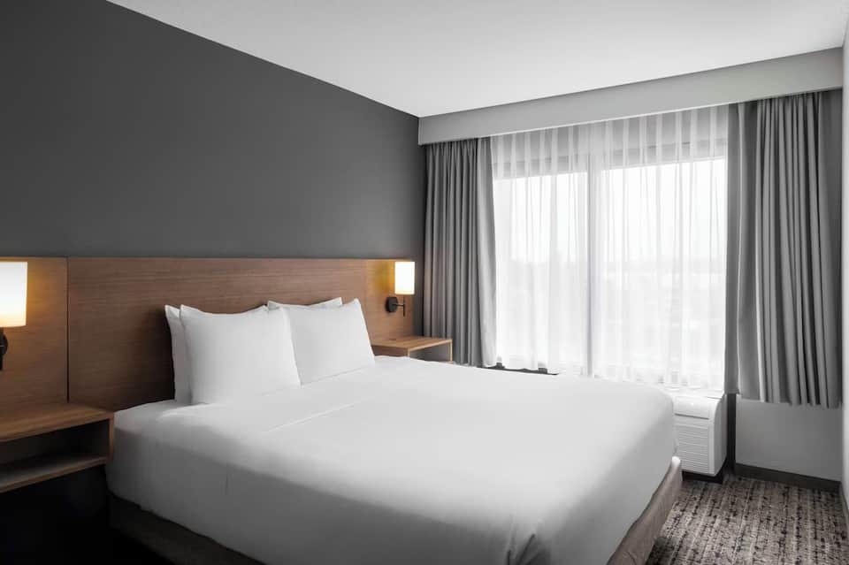 Modern hotel bedroom with gray accent wall, wood headboard, white bedding, and large windows