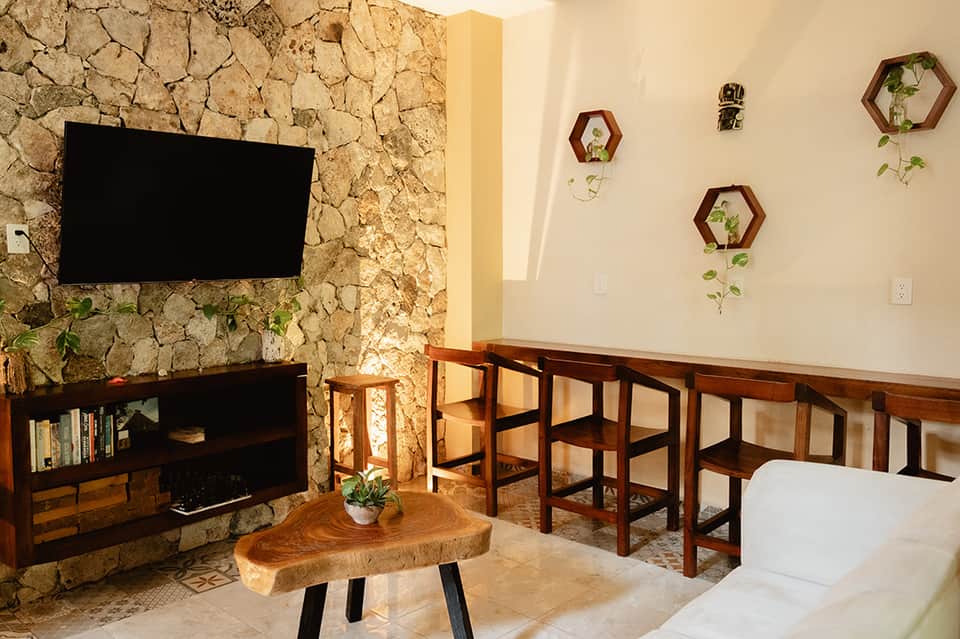 Contemporary lounge with stone fireplace, TV, wooden furniture, and hexagonal plant wall decor