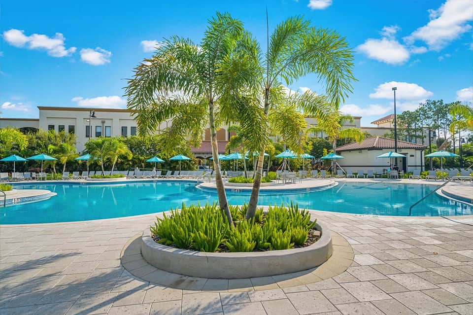 Resort pool surrounded by turquoise umbrellas, palm trees, and buildings