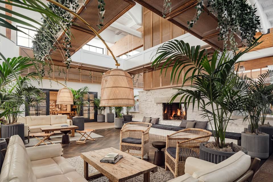Large hotel atrium with wood beam ceiling, hanging plants, fireplace, and comfortable seating areas